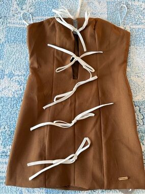 Missguided Brown Mini Dress with White Tie Details